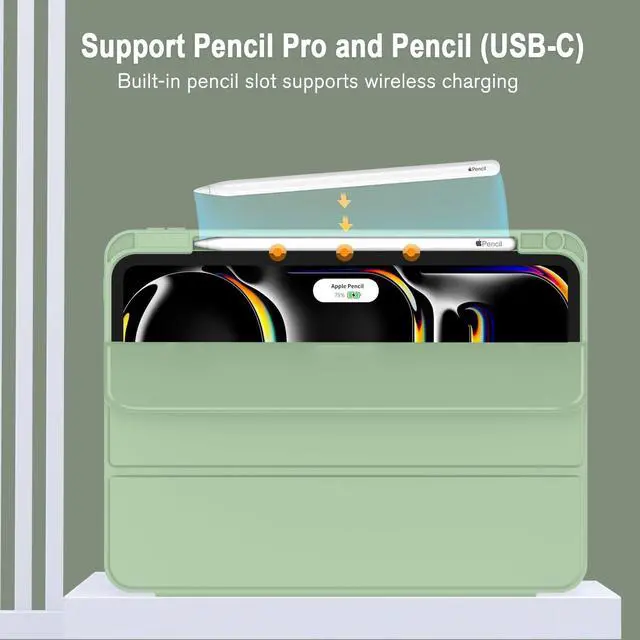 Alt view image 2 of 5 - ZryXal New iPad Pro 13 Inch Case M4 (2024 Model, 7th Generation) with Pencil Holder, Smart iPad Case [Support Pencil Pro and Pencil (USB-C)], Support Touch ID and Auto Wake/Sleep (Matcha Green)