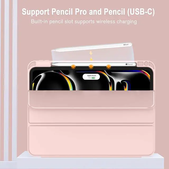 Alt view image 2 of 5 - ZryXal New iPad Pro 13 Inch Case M4 (2024 Model, 7th Generation) with Pencil Holder, Smart iPad Case [Support Pencil Pro and Pencil (USB-C)], Support Touch ID and Auto Wake/Sleep (Rose Pink)