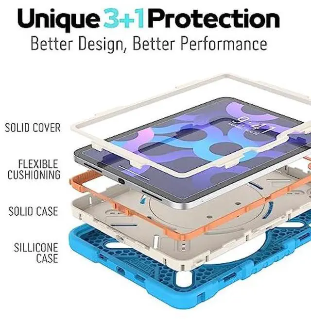 Alt view image 3 of 5 - PEPKOO Triple Shock Protection Case for iPad 10th Generation 10.9 inch 2022, Kids Boy Girl Rugged Cover with Pencil Holder, Kickstand Handle, Shoulder Strap (Blue)