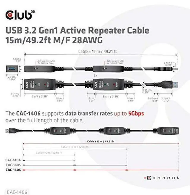 Alt view image 5 of 5 - Club 3D CAC-1406 USB 3.2 Gen1 Active Repeater Cable 15m / 49.2ft M/F 28AWG