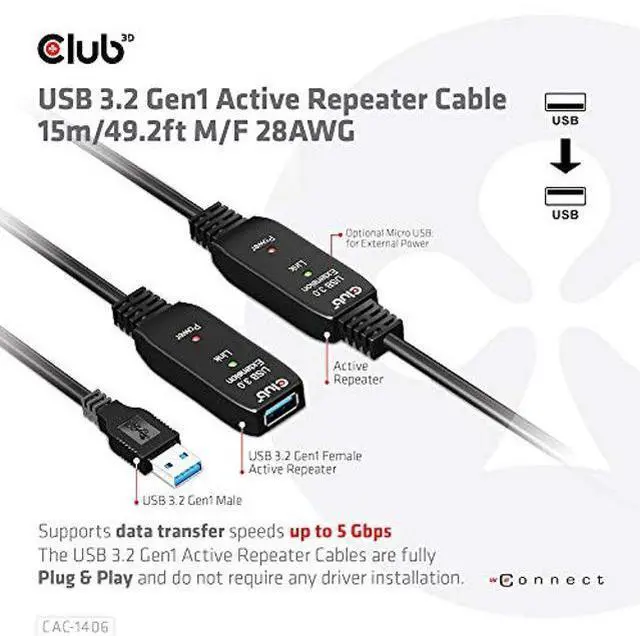 Alt view image 4 of 5 - Club 3D CAC-1406 USB 3.2 Gen1 Active Repeater Cable 15m / 49.2ft M/F 28AWG