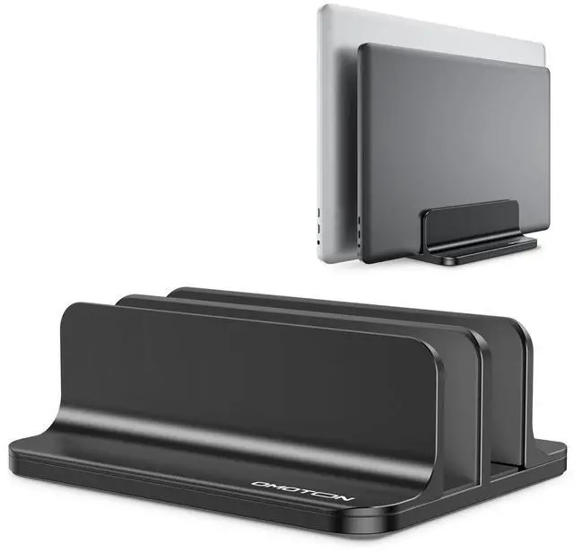 Main image of OMOTON [Updated Dock Version Vertical Laptop Stand, Double Desktop Stand Holder with Adjustable Dock (Up to 17.3 inch), Fits All MacBook/Surface/Samsung/HP/Dell/Chrome Book (Black)