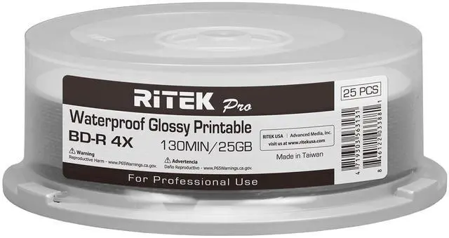 Alt view image 2 of 5 - 25 Pack Ritek Pro (Professional Grade) BD-R Blu-ray 4X 25GB Watershield Water Resistant Glossy White Inkjet Hub Printable Blank Recordable Disc