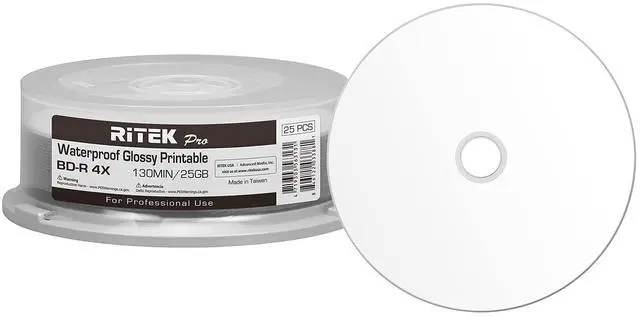Main image of 25 Pack Ritek Pro (Professional Grade) BD-R Blu-ray 4X 25GB Watershield Water Resistant Glossy White Inkjet Hub Printable Blank Recordable Disc