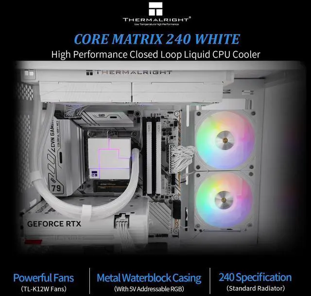 Alt view image 2 of 5 - Thermalright Core Matrix 240 White CPU Liquid Cooler with 120mm PWM Fan,240 White Cold Row Specification,Integrated Water Cooler Heatsink,for AM4/AM5,Intel lga1700/1851/1150/1151/1200/2011