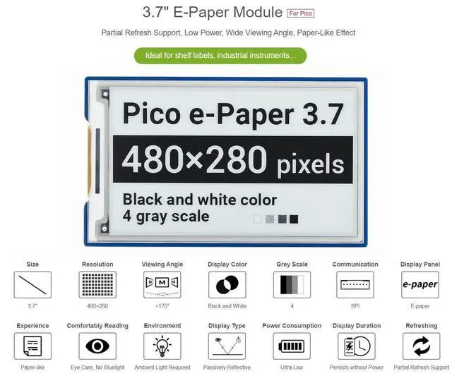 Alt view image 3 of 5 - waveshare 3.7inch E-Paper E-Ink Display Module for Raspberry Pi Pico 480x280 Pixels Black/White SPI Interface Support Partial Refresh