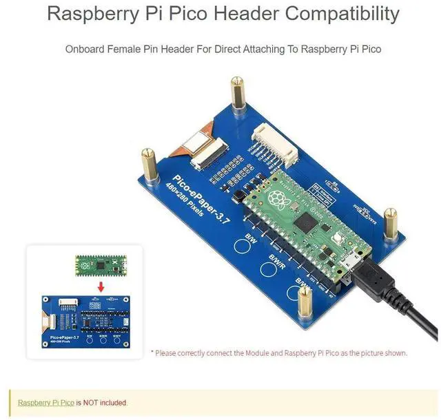 Alt view image 5 of 5 - waveshare 3.7inch E-Paper E-Ink Display Module for Raspberry Pi Pico 480x280 Pixels Black/White SPI Interface Support Partial Refresh