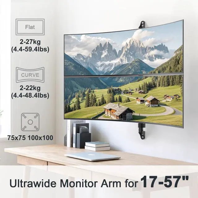 Alt view image 2 of 5 - 17-57" Dual Monitor Wall Mount, Vertical Monitor Stand for Heavy Duty Monitor, up to 59.4 lbs per Screen, 108mm Ultra Slim to Wall, VESA 75/100, Premium Gas Spring& Quick Release