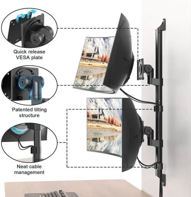 Alt view image 3 of 5 - 17-57" Dual Monitor Wall Mount, Vertical Monitor Stand for Heavy Duty Monitor, up to 59.4 lbs per Screen, 108mm Ultra Slim to Wall, VESA 75/100, Premium Gas Spring& Quick Release