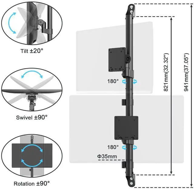 Alt view image 5 of 5 - 17-57" Dual Monitor Wall Mount, Vertical Monitor Stand for Heavy Duty Monitor, up to 59.4 lbs per Screen, 108mm Ultra Slim to Wall, VESA 75/100, Premium Gas Spring& Quick Release