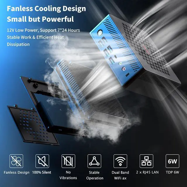 Alt view image 3 of 5 - Fanless N150 Mini PC with Type-C DC in(Support PD Function), Intel 12th Twin Lake N150 16GB DDR4 RAM 512GB SATA SSD Desktop Mini Computer Upto 3.6GHz,WiFi ax,HD+DP+VGA Triple Display,5xUSB 3.0,Type C