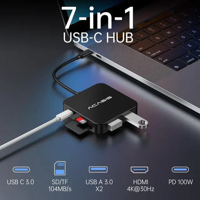 Alt view image 2 of 5 - USB C Hub, 7 in 1 USB C to HDMI Multiport Adapter, 4K HDMI, Power Delivery 100 W, 2 USB A 3.0 Port, 1 USB C Hub 3.0, SD/TF Card Reader, USB C Dongle for MacBook Pro/Air, Laptop and USB C Devices