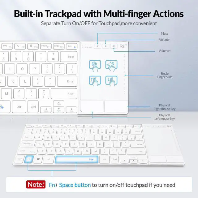 Alt view image 4 of 5 - Rii K22S 2.4G Wireless and Bluetooth Touch TV Keyboard with Easy Media Control and Built-in Touchpad,Stainless Steel Compact Keyboard for Windows, Android, Chrome OS, Laptop, Tablet - White