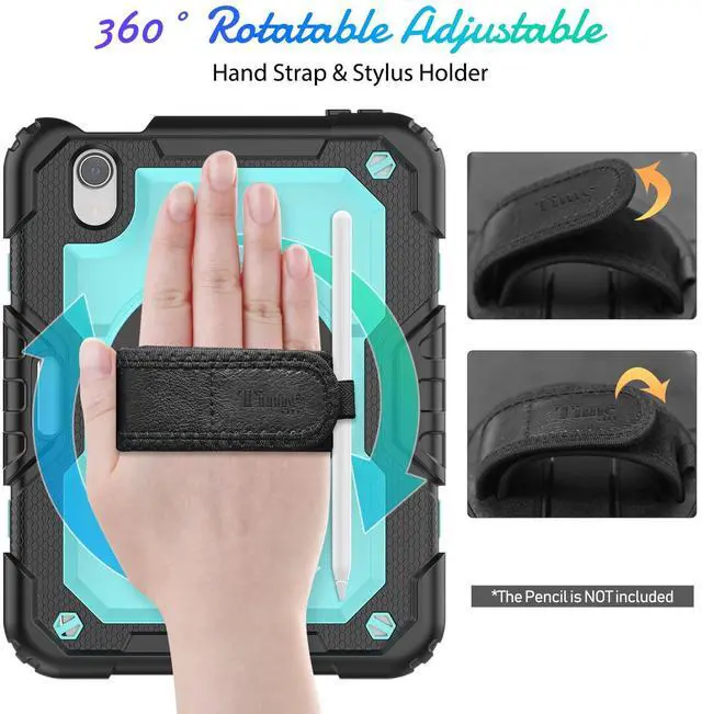 Alt view image 3 of 5 - Timecity Case for iPad Mini 7/6, 8.3-inch, with Screen Protector, Pencil Holder, 360 Rotating Stand, Handle/Shoulder Strap - Light Blue