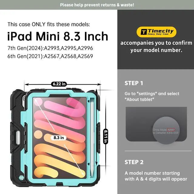 Alt view image 2 of 5 - Timecity Case for iPad Mini 7/6, 8.3-inch, with Screen Protector, Pencil Holder, 360 Rotating Stand, Handle/Shoulder Strap - Light Blue