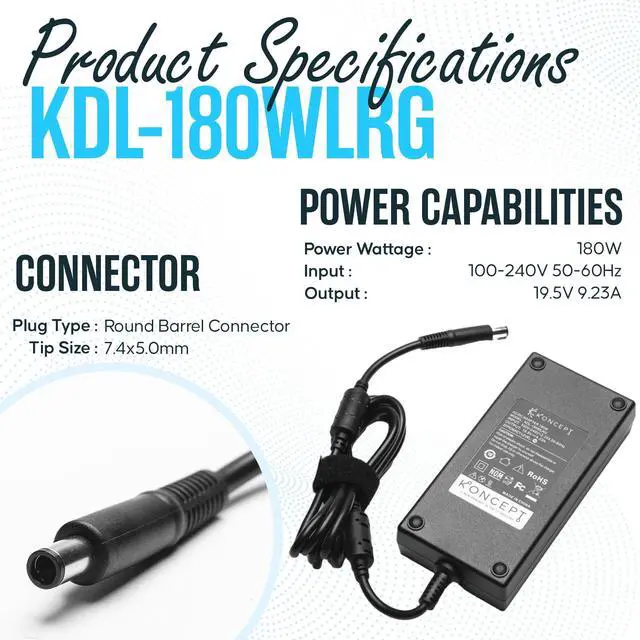Alt view image 4 of 5 - Laptop Charger 180W (UL Safety Certified) 19.5V 12.3A Power Supply Fit for Dell Alienware M17 R1 R2 R3 R4 R5 M17X R2 R3 M18X Area-51m R2 G5 G7 Gaming Laptop Power Cord AC Adapter (KDL-180WLRG)