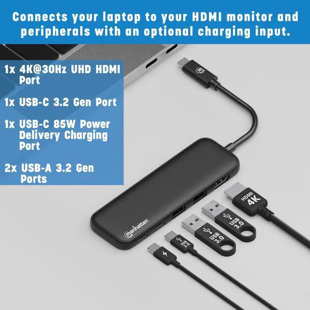 Alt view image 4 of 5 - Manhattan 5 in 1 USB C Docking Station Hub - Long 20 in Cord - 100W PD, 4k HDMI, 2 USB-A 3.0, 1 USB-C 5Gbps Data Port - Multiport Adapter for MacBook Air Pro & Type C Devices-3 Yr Mfg Warranty-130721