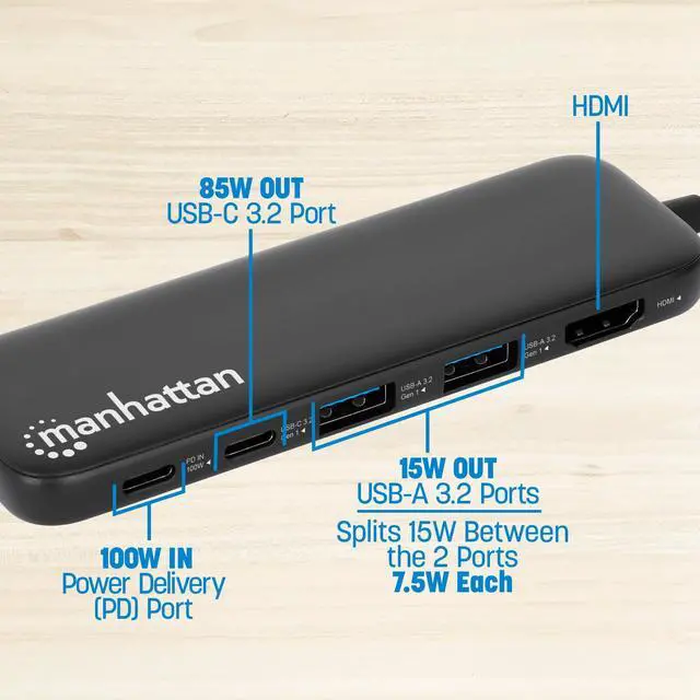 Alt view image 5 of 5 - Manhattan 5 in 1 USB C Docking Station Hub - Long 20 in Cord - 100W PD, 4k HDMI, 2 USB-A 3.0, 1 USB-C 5Gbps Data Port - Multiport Adapter for MacBook Air Pro & Type C Devices-3 Yr Mfg Warranty-130721