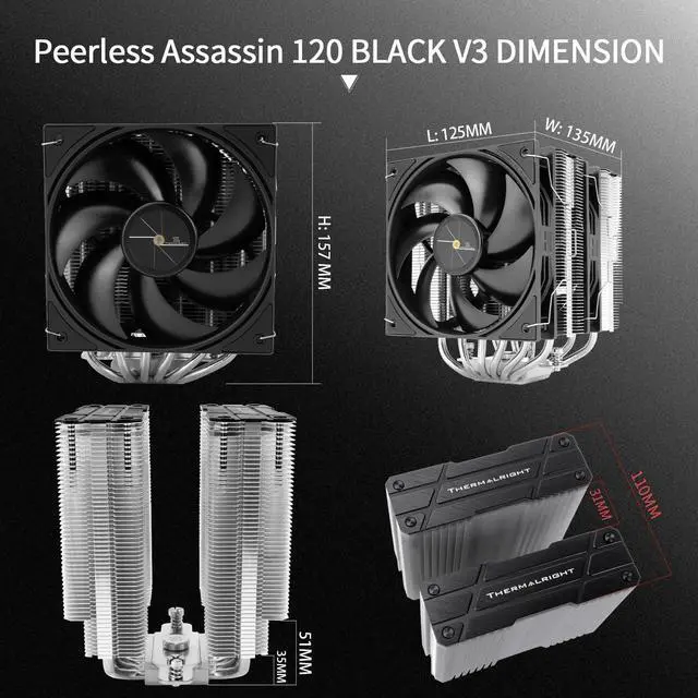 Alt view image 5 of 5 - Thermalright Peerless Assassin 120 Black V3 CPU Air Cooler, 6 Heat Pipes Heatsink Cooler with Dual PWM Fans, Top Cover Design, 2000RPM, for AM4/AM5,Intel LGA1851/1700/115X/1200/2011