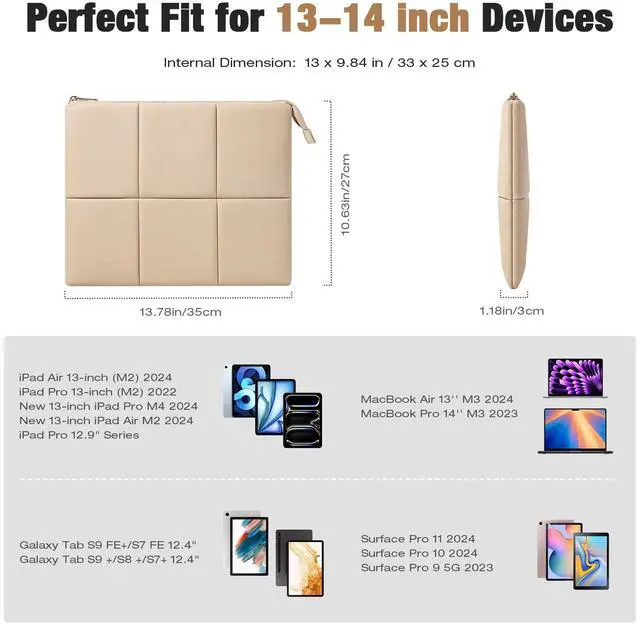 Alt view image 2 of 5 - MoKo 13.3-14 Inch Puffy Laptop Sleeve Fit with MacBook Air 13'' M3 2024/2020/2019, MacBook Pro 14'' M3 2024/2023, MacBook Pro 13" M2/M1, Built-in Elastic Band, PU Leather Carrying Case, Sand