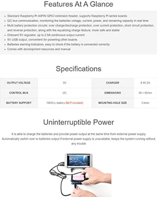 Alt view image 4 of 5 - Waveshare UPS HAT for Raspberry Pi 4B, 5V Uninterruptible Power Supply Charge and Power Output at The Same Time
