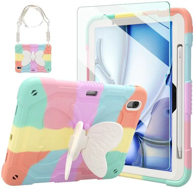 Main image of Ambison iPad Air 11 inch Case 6th Generation 2024(M2), with 9H Tempered Glass Screen Protector,Full-Body Shockproof Sturdy Cute Cover with Butterfly Wings Stand,Shoulder Strap,Pencil Holder-Multicolor