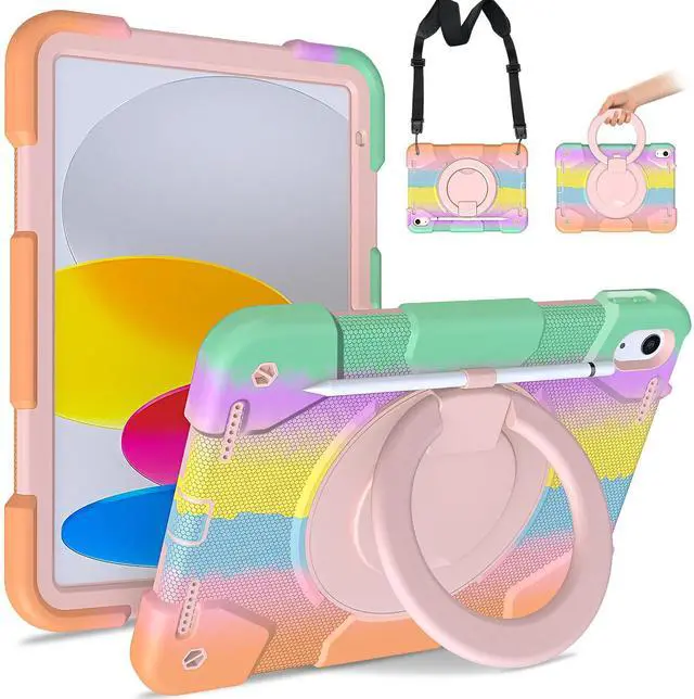 Main image of Andnary Case for iPad (A16) 11th Generation 11 inch 2025/10th Generation 10.9 inch 2022, Heavy Duty Shockproof Cover with 360deg Rotating Handle/Bracket/Pen Holder/Shoulder Strap, Colorful Pink