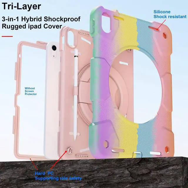 Alt view image 3 of 5 - Andnary Case for iPad (A16) 11th Generation 11 inch 2025/10th Generation 10.9 inch 2022, Heavy Duty Shockproof Cover with 360deg Rotating Handle/Bracket/Pen Holder/Shoulder Strap, Colorful Pink
