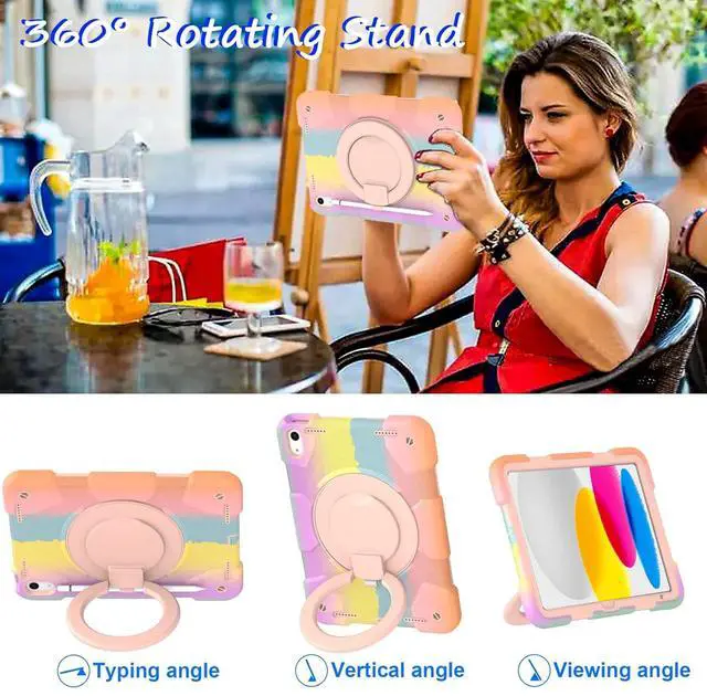 Alt view image 5 of 5 - Andnary Case for iPad (A16) 11th Generation 11 inch 2025/10th Generation 10.9 inch 2022, Heavy Duty Shockproof Cover with 360deg Rotating Handle/Bracket/Pen Holder/Shoulder Strap, Colorful Pink