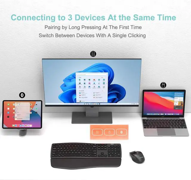 Alt view image 4 of 5 - Arteck Multi-Device Comfortable Wireless Bluetooth Keyboard with Nano USB-A, USB-C Type C Receiver Palm Wrist Rest Full Size Keyboard for Windows iPad OS Android, Computer Desktop Laptop PC Tablet
