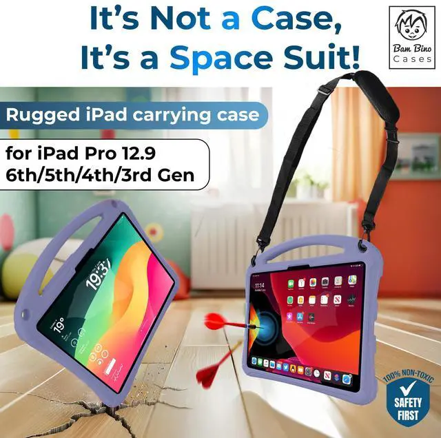 Alt view image 3 of 5 - Bam Bino Space Suit Kids Case for iPad Pro 12.9" 3rd/4th/5th/6th Generation (2018-2022) Models [Not for iPad Pro 12.9 1st/2nd Gen] Screen Guard, Handle, Shoulder Strap, Pencil Holder (Nebula Violet)