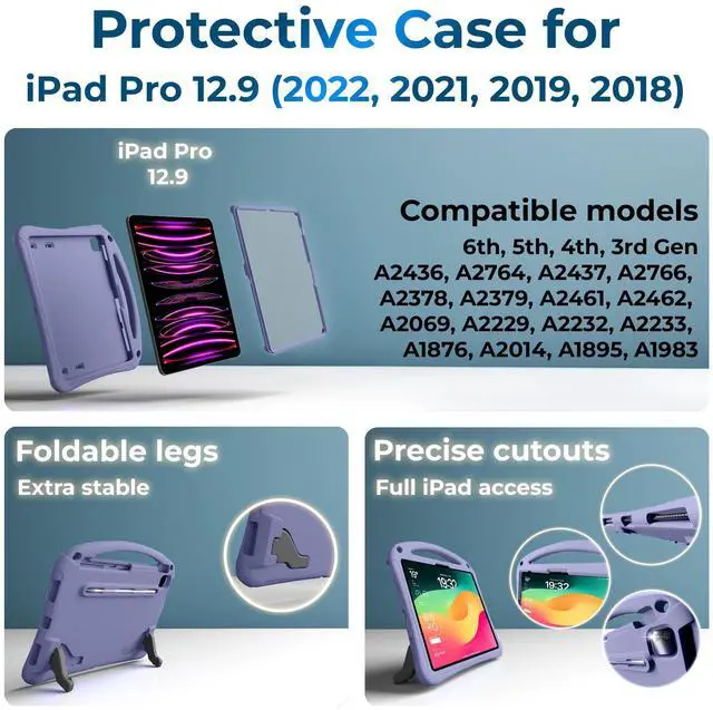 Alt view image 5 of 5 - Bam Bino Space Suit Kids Case for iPad Pro 12.9" 3rd/4th/5th/6th Generation (2018-2022) Models [Not for iPad Pro 12.9 1st/2nd Gen] Screen Guard, Handle, Shoulder Strap, Pencil Holder (Nebula Violet)