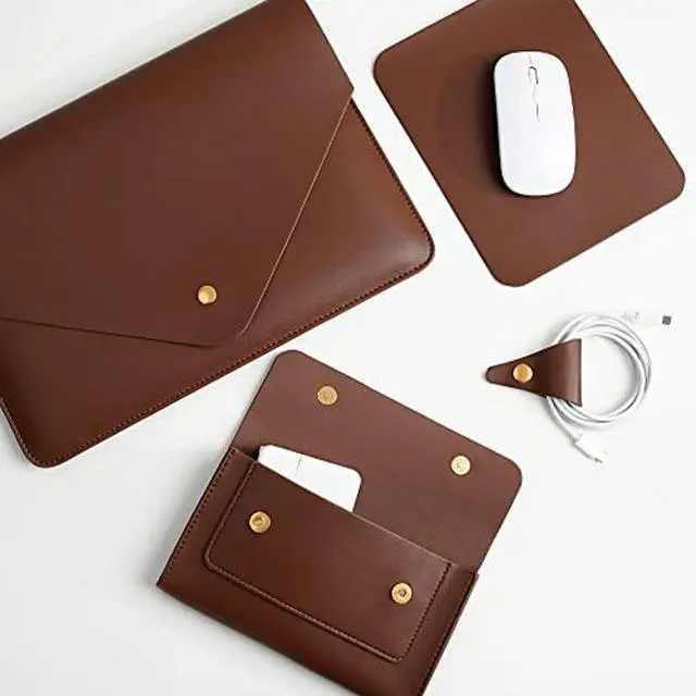 Alt view image 4 of 5 - Benfan Laptop Sleeve 15 Inch Compatible with New MacBook Pro 15, New MacBook Pro 16, Surface Book 15, Dell XPS 15 with Small Pouch, Mouse Pad and Cord Organizer, Color Dark Brown