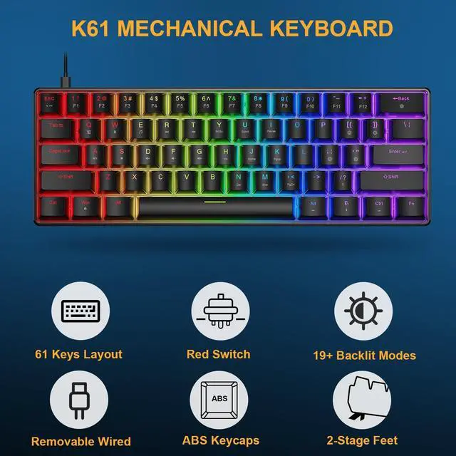 Alt view image 3 of 5 - BlueFinger 60% Mechanical Gaming Keyboard and Mouse Combo - RGB Rainbow Backlit 61 Keys Red Switch Keyboard & 4 DPI LED Gaming Mouse, USB Wired Set for PC Laptop Xbox PS4 PS5