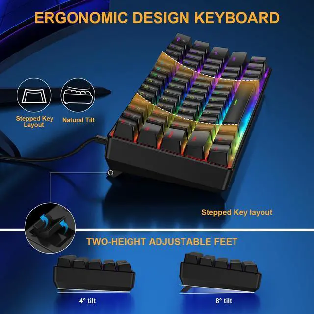Alt view image 4 of 5 - BlueFinger 60% Mechanical Gaming Keyboard and Mouse Combo - RGB Rainbow Backlit 61 Keys Red Switch Keyboard & 4 DPI LED Gaming Mouse, USB Wired Set for PC Laptop Xbox PS4 PS5