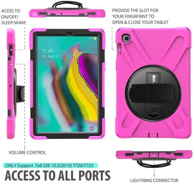 Alt view image 3 of 5 - BRAECN Case for Samsung Galaxy Tab S5e 10.5 Inch 2019 Tablet(SM-T720/T725/T727), Hybrid Rugged Shockproof Silicone Cover for Kids,Students with Hand Strap,Built-in Stand and Shoulder Strap(Rose)