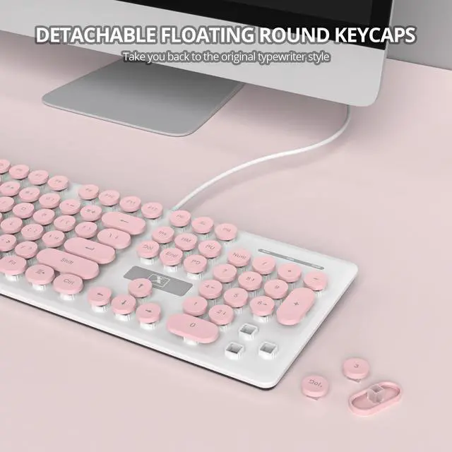 Alt view image 3 of 5 - Ussixchare Full Size Wired Computer Keyboard, Quiet Typewriter Keyboard with Retro Round Keycaps, LED Backlit, Membrane, 104-key for PC, Laptop(Pink)