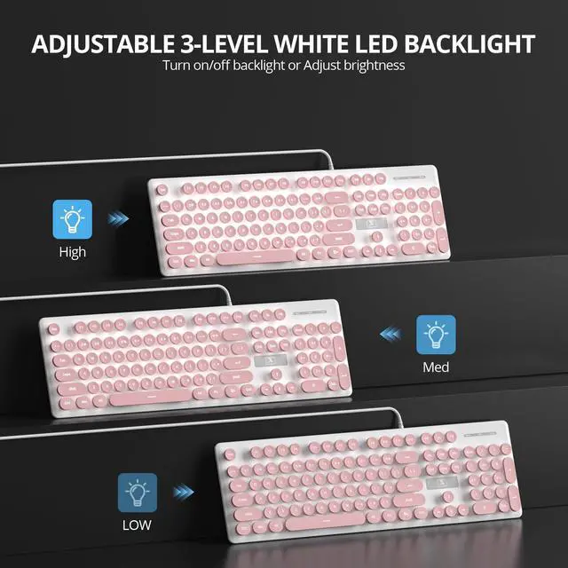 Alt view image 4 of 5 - Ussixchare Full Size Wired Computer Keyboard, Quiet Typewriter Keyboard with Retro Round Keycaps, LED Backlit, Membrane, 104-key for PC, Laptop(Pink)