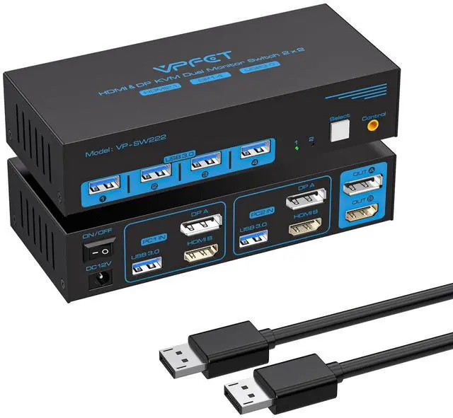 Main image of 8K60Hz HDMI+DP KVM Switch 2 monitors 2 computers with 8K DisplayPort cable 1.4, DP to DP male-to-male gold-plated cable 3.3 ft. (8K60Hz, 4K144Hz) for 2 computers sharing 2 monitors and 1 set of keyboa