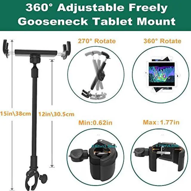 Alt view image 3 of 5 - Cuxwill Tablet Holder Spin Bike Mount for 4-13" iPad Phone, 360deg Gooseneck Stand for Treadmill Stationary Exercise Bicycle, Indoor Cycling Clamp for iPad Pro Air Mini, Galaxy Z Fold, Fire HD, iPhone