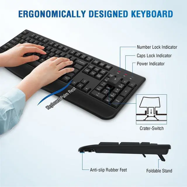 Alt view image 4 of 5 - Wireless Keyboard and Mouse Combo, Full-Sized 2.4GHz Wireless Keyboard with Comfortable Palm Rest and Optical Wireless Mouse for Windows, Mac OS PC/Desktops/Computer/Laptops (Black)