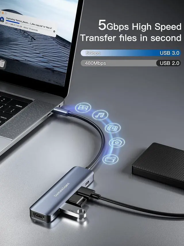 Alt view image 5 of 5 - USB C HUB, DockteckExpand USB-C Multiport Adapter 5 in 1 with 4K HDMI, 100W Power Delivery, 3 USB 3.0 Data Ports for MacBook Pro/Air, iPad Pro/Air/Mini 6 and More