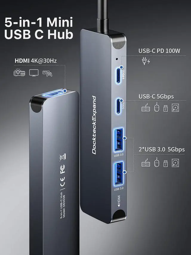 Alt view image 2 of 5 - USB-C HUB, DockteckExpand USB C to USB Adapter (5 in 1) with 4K HDMI, 100W Power Delivery, 5Gbps USB-C Data Port & 2 5Gbps USB-A Data Ports for MacBook Pro/Air, iPad Pro/Air, Dell XPS and More