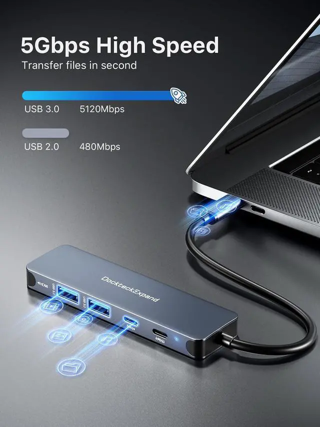 Alt view image 3 of 5 - USB-C HUB, DockteckExpand USB C to USB Adapter (5 in 1) with 4K HDMI, 100W Power Delivery, 5Gbps USB-C Data Port & 2 5Gbps USB-A Data Ports for MacBook Pro/Air, iPad Pro/Air, Dell XPS and More
