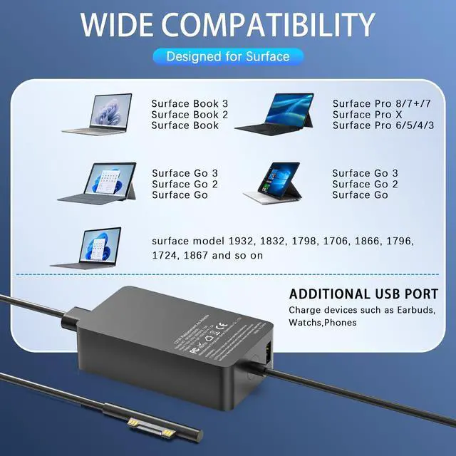 Alt view image 2 of 5 - 127W Surface Book Charger Replacement for Microsoft Surface Book 3 2 1, Surface Pro 10 9, 8, 7+, 7, 6, 5, 4, 3, X, Windows Surface Laptop/Go, Surface Laptop Studio 2, 1 Power Supply Cord