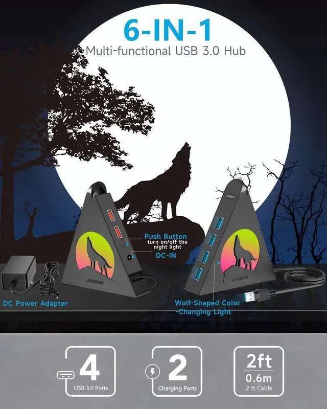 Alt view image 2 of 5 - Powered USB Hub 3.0, 6-Port(4 USB 3.0 Data Ports + 2 USB Smart Charging Port) with RGB Night Light,Powered hubs with 12V/4A Power Adapter for PC, Laptop, Flash Drives,Keyborad, Mouse