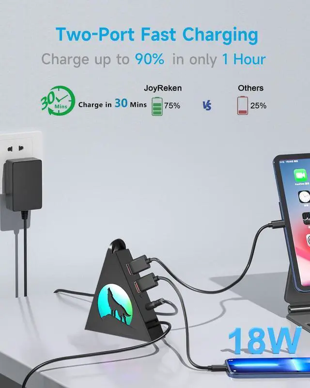 Alt view image 4 of 5 - Powered USB Hub 3.0, 6-Port(4 USB 3.0 Data Ports + 2 USB Smart Charging Port) with RGB Night Light,Powered hubs with 12V/4A Power Adapter for PC, Laptop, Flash Drives,Keyborad, Mouse