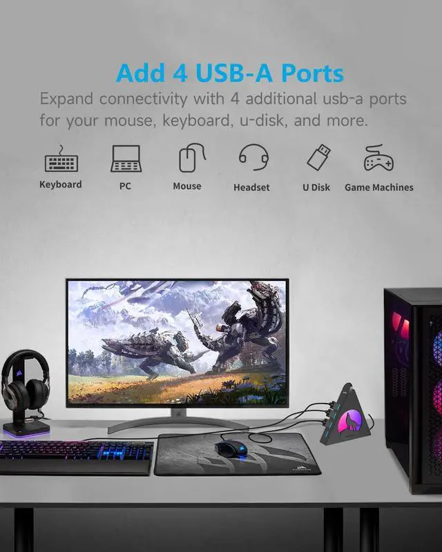 Alt view image 5 of 5 - Powered USB Hub 3.0, 6-Port(4 USB 3.0 Data Ports + 2 USB Smart Charging Port) with RGB Night Light,Powered hubs with 12V/4A Power Adapter for PC, Laptop, Flash Drives,Keyborad, Mouse