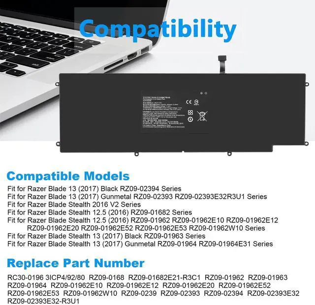 Alt view image 5 of 5 - RC30-0196 Laptop Battery for Razer Blade Stealth 2016 v2 2017 i7-7500U i7-8550u 13.3" RZ09-01962W10 RZ09-0239 RZ09-02393E31 RZ09-01962E52 RZ09-01962E53 RZ09-01962E20 RZ09-01962E10 RZ09-01962E12