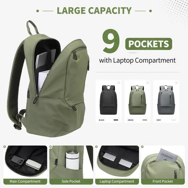 Alt view image 2 of 5 - DTGN Travel Laptop Backpack, Carry On Backpack, TSA-Approved Water-Resistant Rucksack Nylon for Work Men Women Fits 16 Inch Notebook, Green